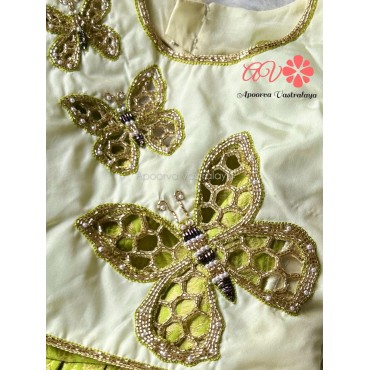 Butterfly Cutwork pattu pavadai green & white