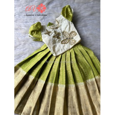 Butterfly Cutwork pattu pavadai green & white