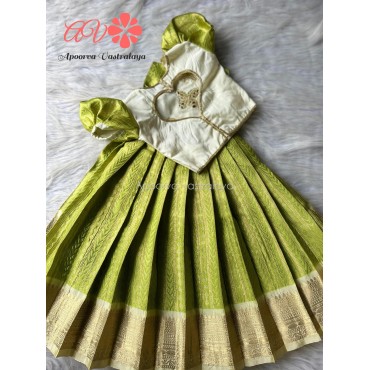 Butterfly Cutwork pattu pavadai green & white