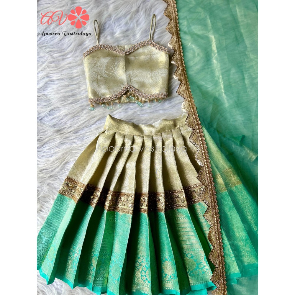 Pastel green & offwhite silk lehenga