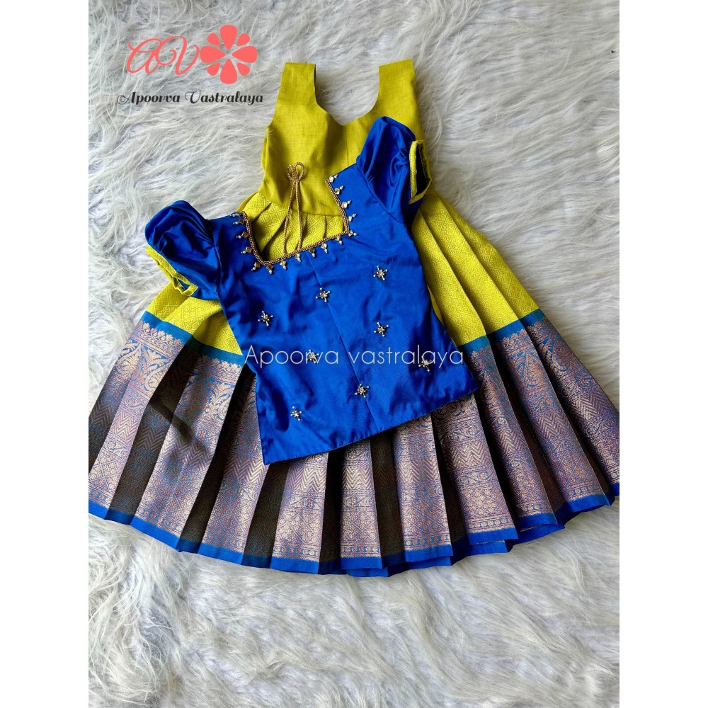 Parrot Green and Royal Blue Kora Aari Pattu Pavadai