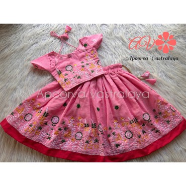 Baby pink Khadi Cotton Embroidery pattu pavadai