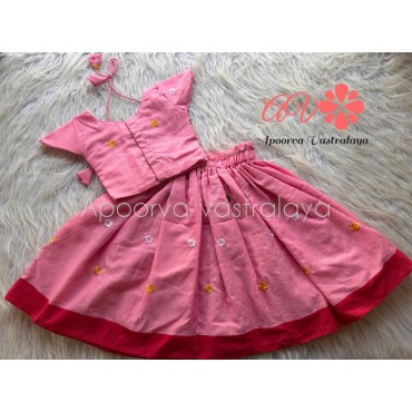 Baby pink Khadi Cotton Embroidery pattu pavadai