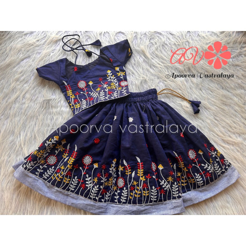 Navy Blue Khadi Cotton Embroidery pattu pavadai
