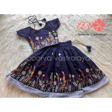 Navy Blue Khadi Cotton Embroidery pattu pavadai