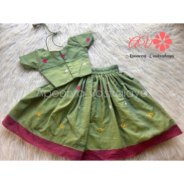 Sea green Khadi Cotton Embroidery pattu pavadai