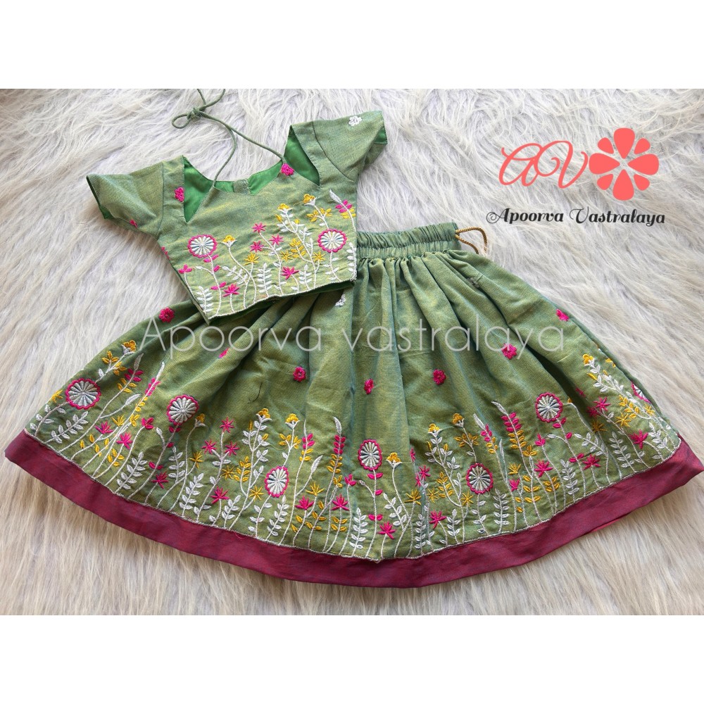 Sea green Khadi Cotton Embroidery pattu pavadai