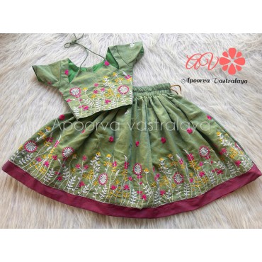 Sea green Khadi Cotton Embroidery pattu pavadai