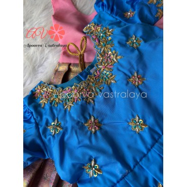 Blue & Pink Zardoosi Work Banarasi Pattu Pavadai