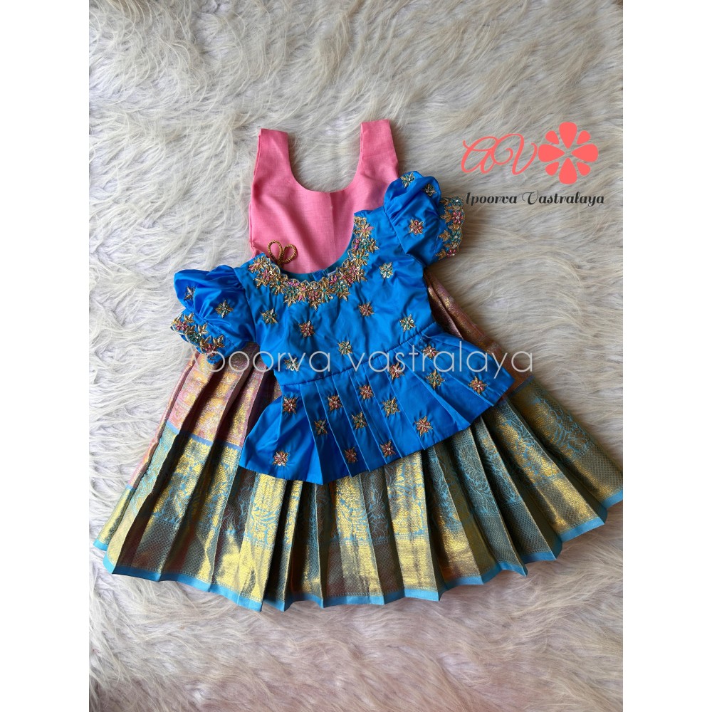 Blue & Pink Zardoosi Work Banarasi Pattu Pavadai