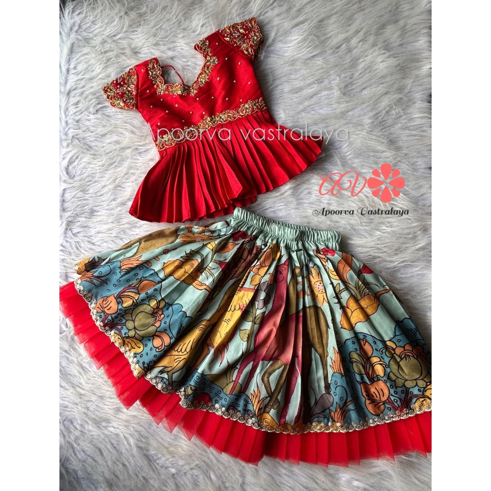 Red & Blue Luxury Pichwari Silk Lehenga 