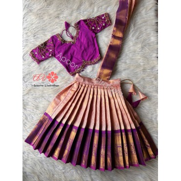 Baby Pink & Wine Attached Dupatta Aari Silk Lehenga 