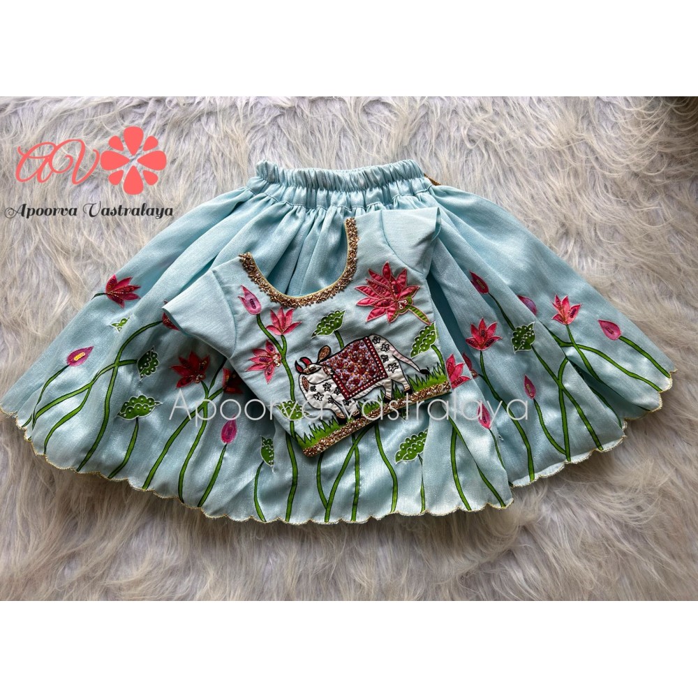 Hand paint Pichwari Raw SIlk Lehenga 