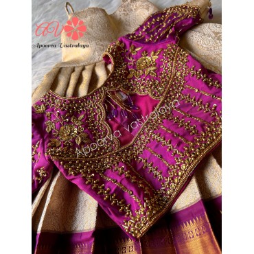 Cream & Wine Heavy Aari Silk Lehenga 