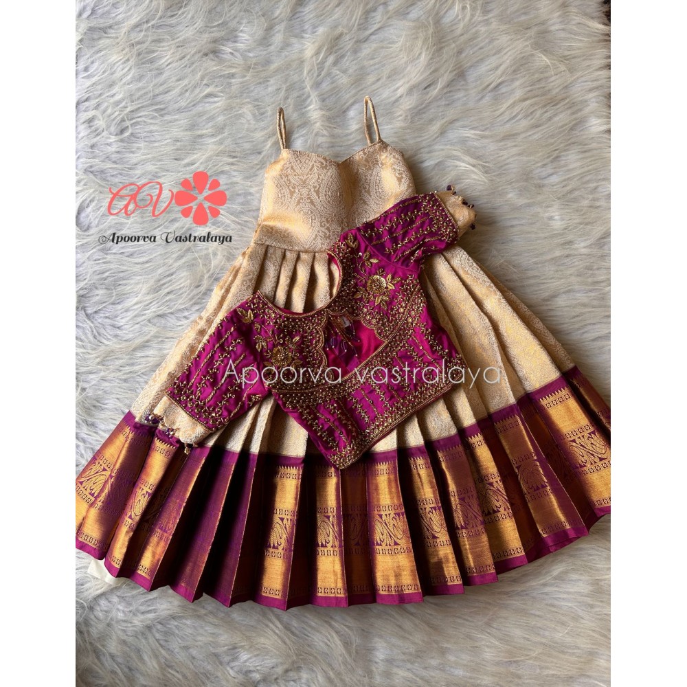 Cream & Wine Heavy Aari Silk Lehenga 