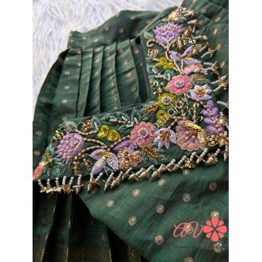 V Neck Heavy Embroidery Raw SIlk Lehenga 