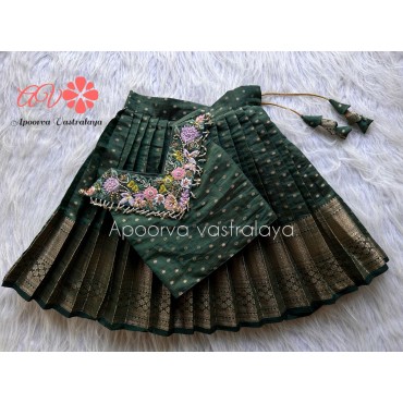 V Neck Heavy Embroidery Raw SIlk Lehenga 