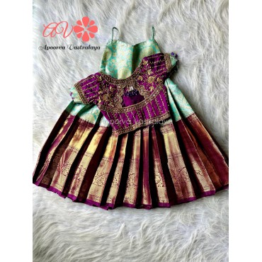 Powder Blue & Wine Heavy Aari Silk Lehenga 
