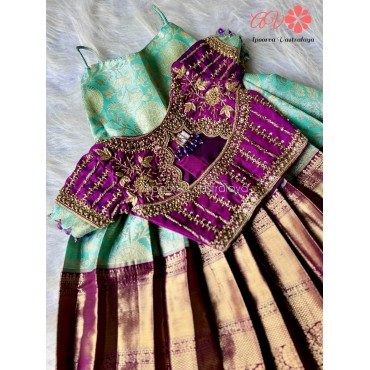 Powder Blue & Wine Heavy Aari Silk Lehenga 