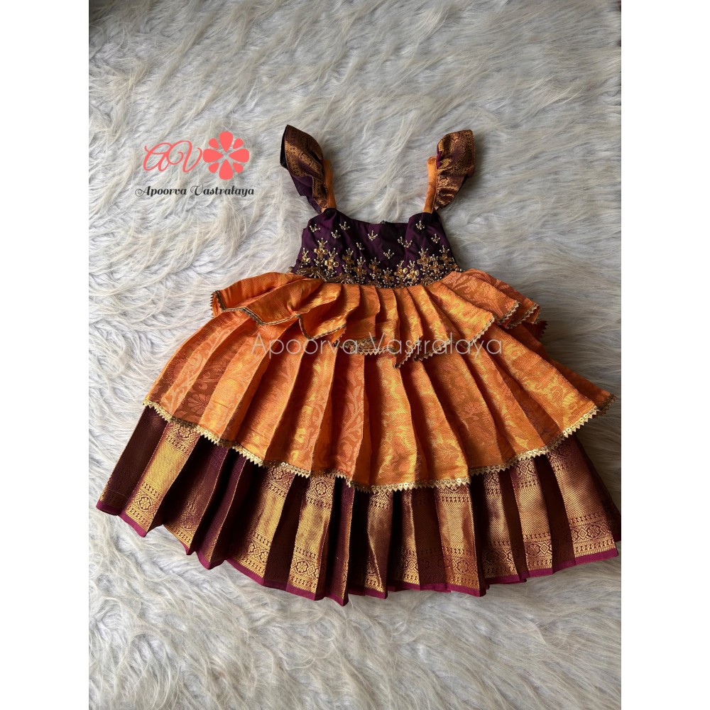 Orange Peach & wine triple layer aari gown