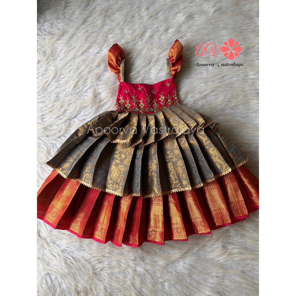 Grey & Reddish Pink triple layer aari gown