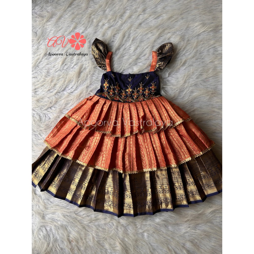 Navy blue & peach triple layer aari gown
