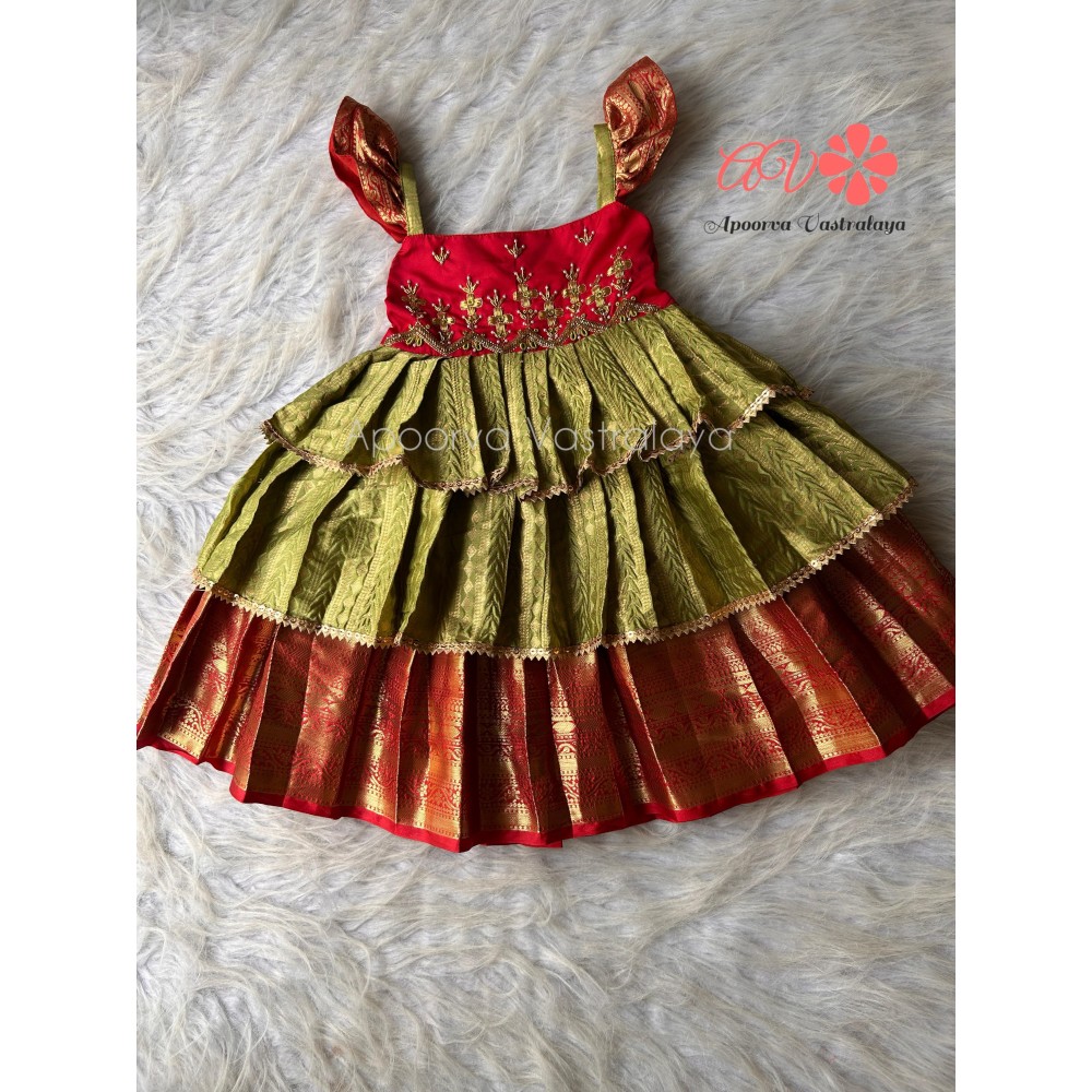 Red & green triple layer aari gown