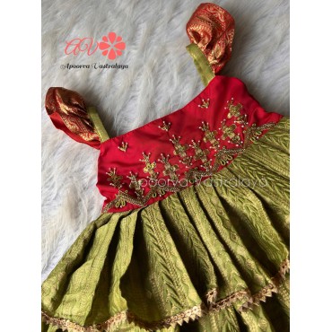 Red & green triple layer aari gown