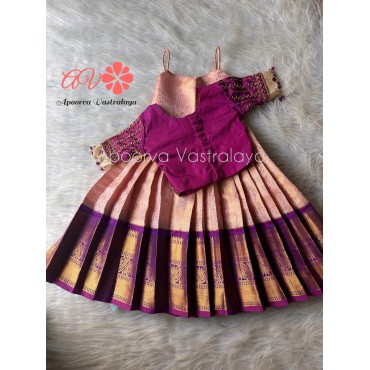 Baby Pink & Wine Heavy Aari Silk Lehenga 
