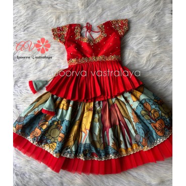 Red & Blue Luxury Pichwari Silk Lehenga 