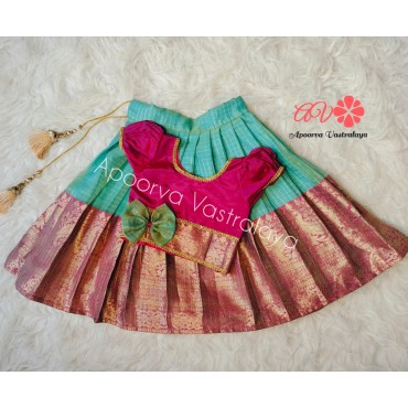 Pink & Sea green checked organza lehenga