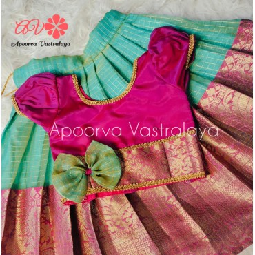 Pink & Sea green checked organza lehenga