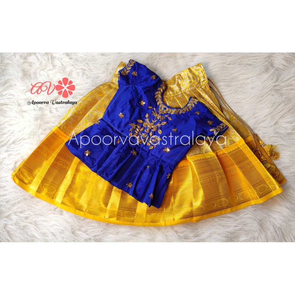 Yellow & Blue heavy aari work pattu langa