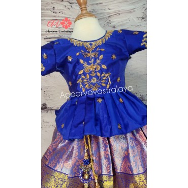 Royal blue & purple zardoosi work pattu pavadai