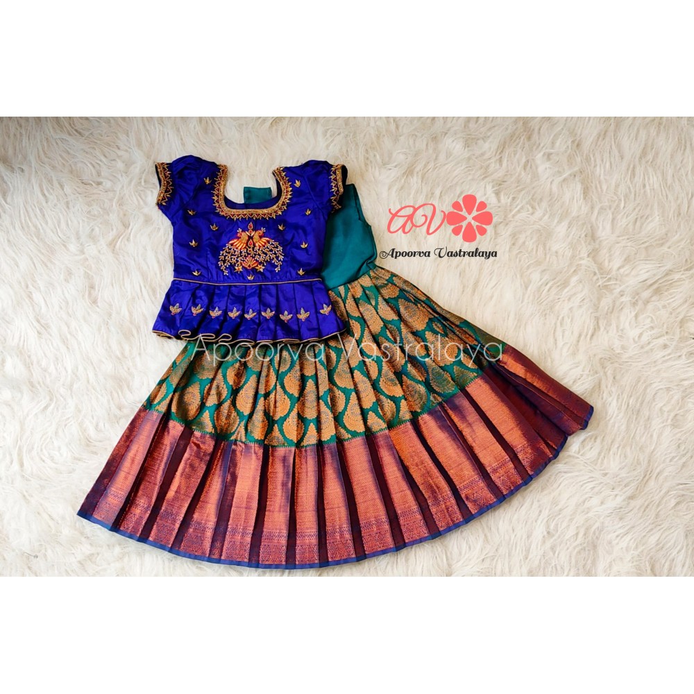 Peacock green & Royal blue aari work pattu pavadai