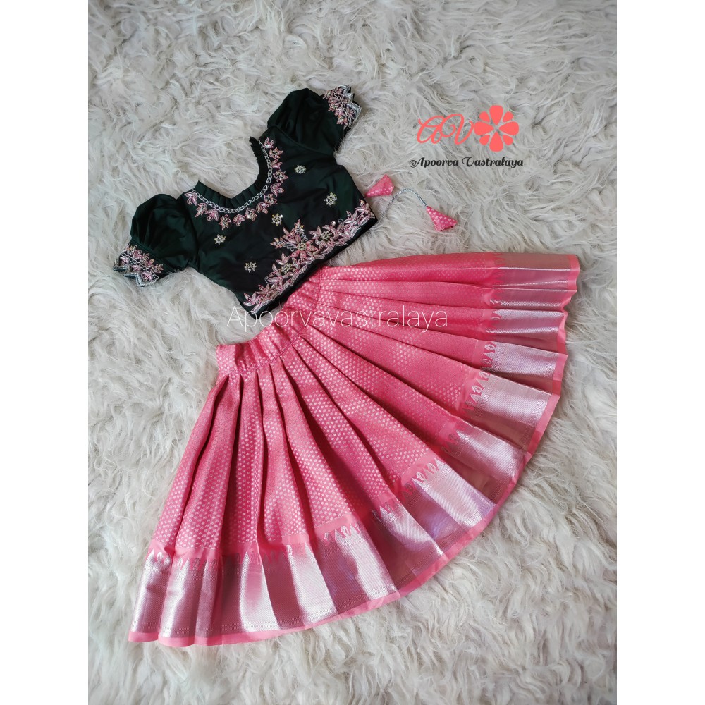 Peach Pink & Bottle green heavy aari pattu langa