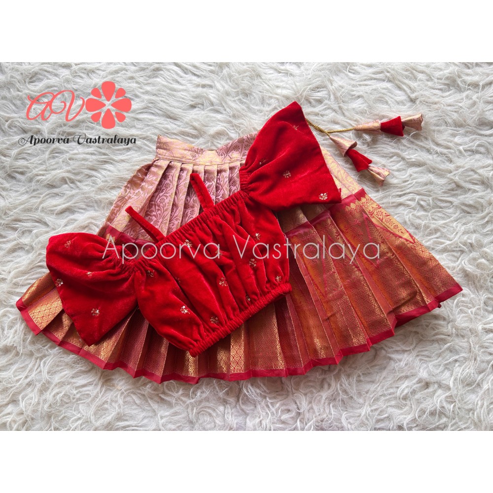 Red & Pink velvet Katan Silk Lehenga