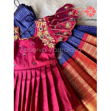 Maroon & Blue circular sleeve pattu pavadai