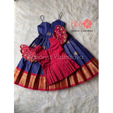 Maroon & Blue circular sleeve pattu pavadai