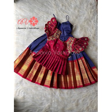 Maroon & Blue circular sleeve pattu pavadai