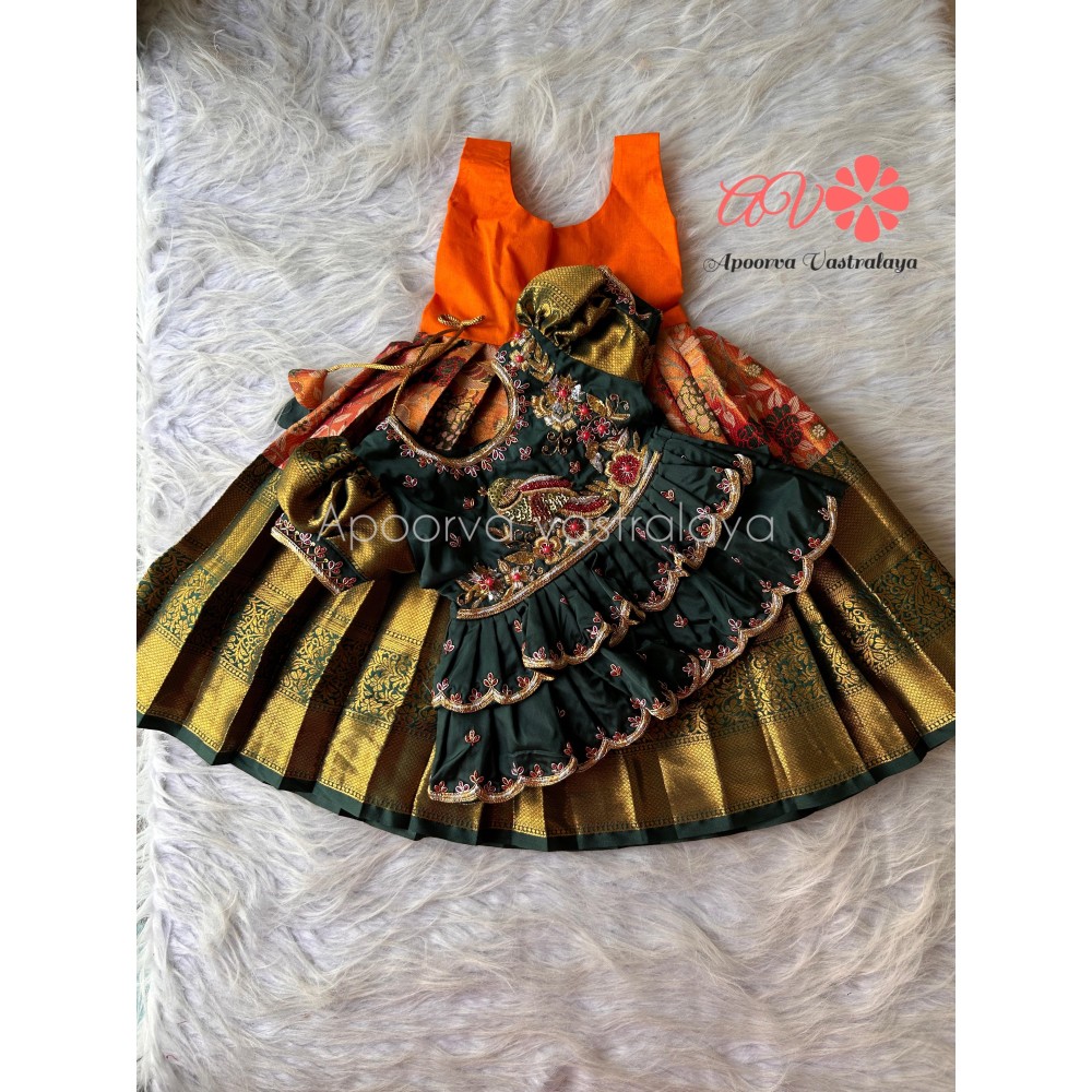 Orange & Green Luxury Parrot Aari pattu pavadai