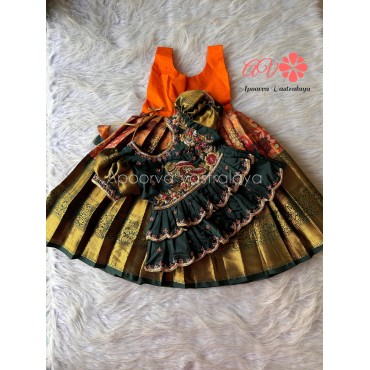 Orange & Green Luxury Parrot Aari pattu pavadai