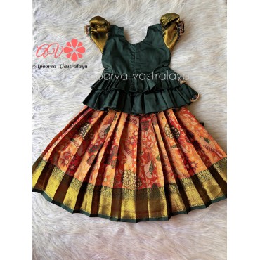 Orange & Green Luxury Parrot Aari pattu pavadai