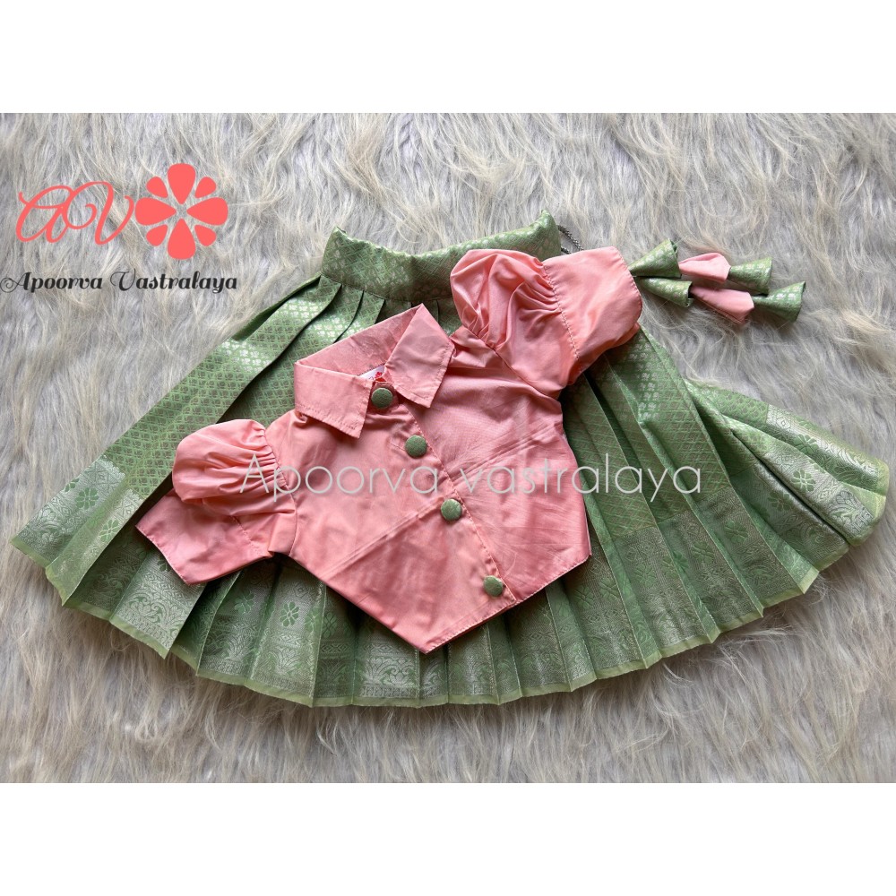 Sea green & peach collar neck pattu pavadai