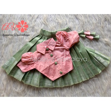 Sea green & peach collar neck pattu pavadai