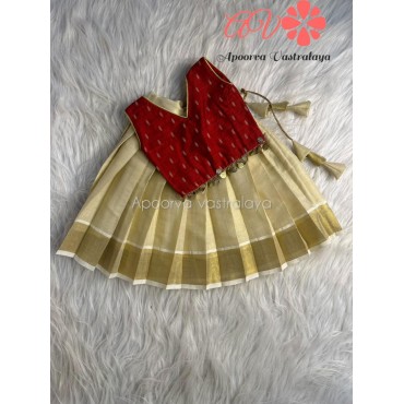 Red & Offwhite Kerala Kasavu Pattu Pavadai