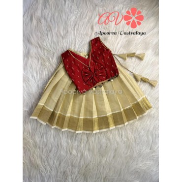 Red & Offwhite Kerala Kasavu Pattu Pavadai