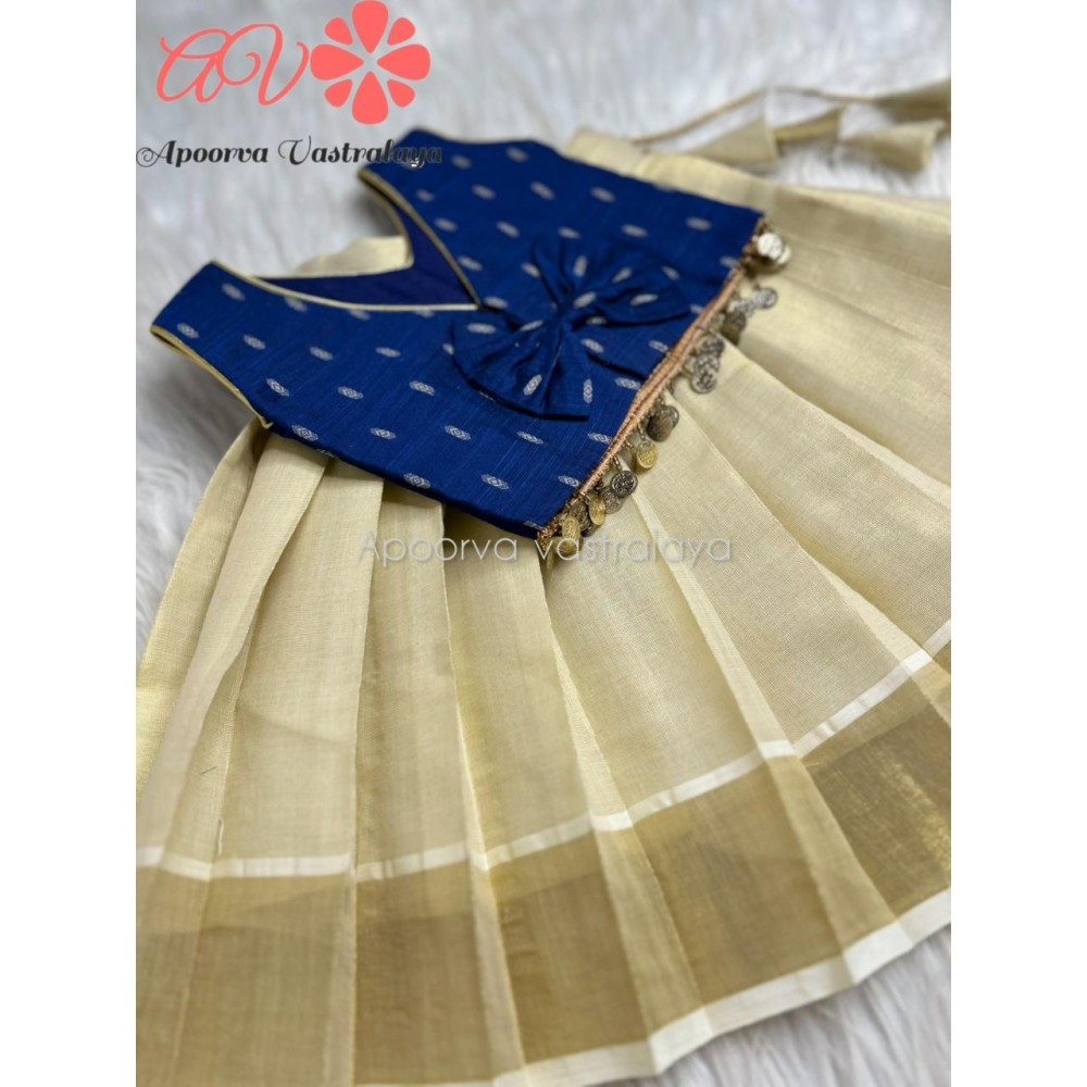 Royal Blue & Offwhite Kerala Kasavu Pattu Pavadai