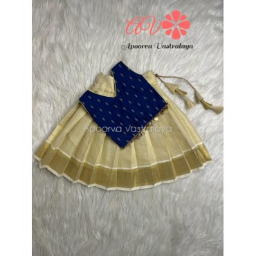 Royal Blue & Offwhite Kerala Kasavu Pattu Pavadai