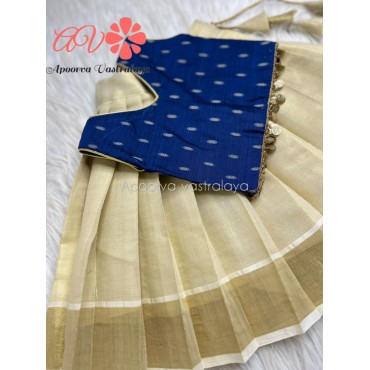 Royal Blue & Offwhite Kerala Kasavu Pattu Pavadai